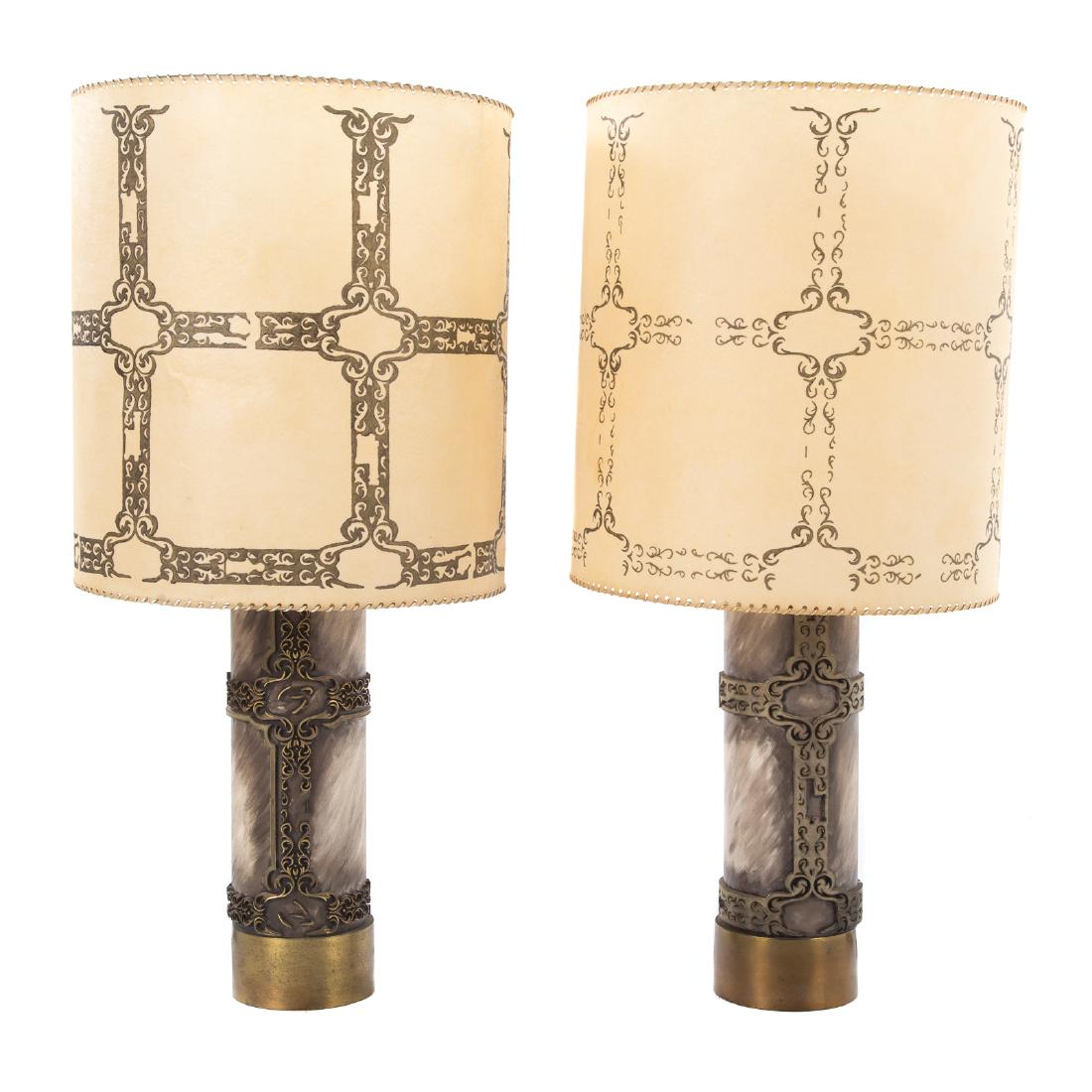 Pair Wallpaper Print Roller Lamps: painted wood rollers with print block mounts, on brass base, 34 in. H., with velum shades having printed design from rollers as decoration, shades-18 in. Diam.