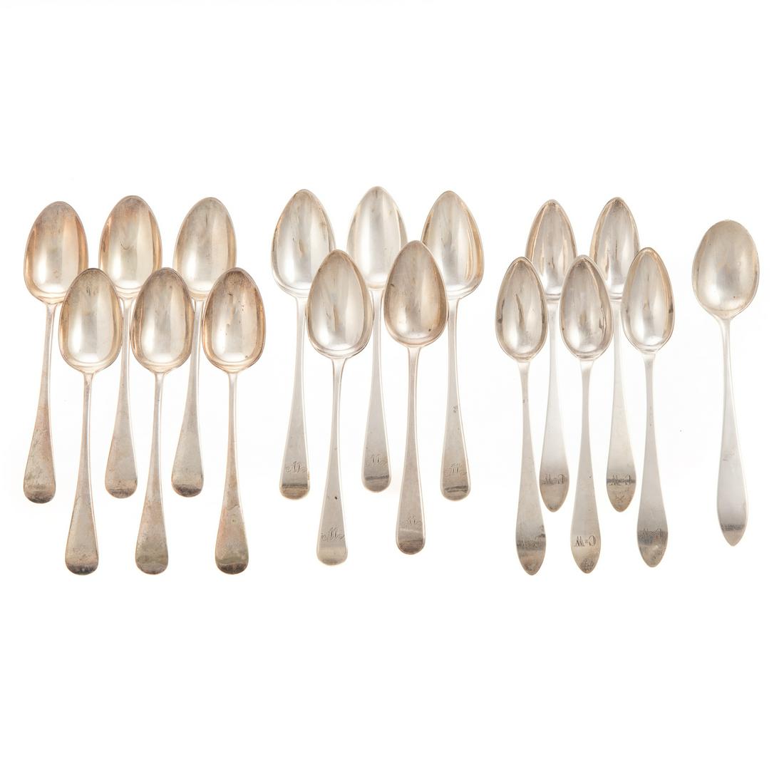 Set of 5 George IV Silver Coffee Spoons: Mark of RB, probably Richard Britton, London, 1820, another similar spoon, and 5 coin silver coffee spoons, maker initials MH; together with 6 electroplated coffee spoons by James Dixon & Sons, Sheffi