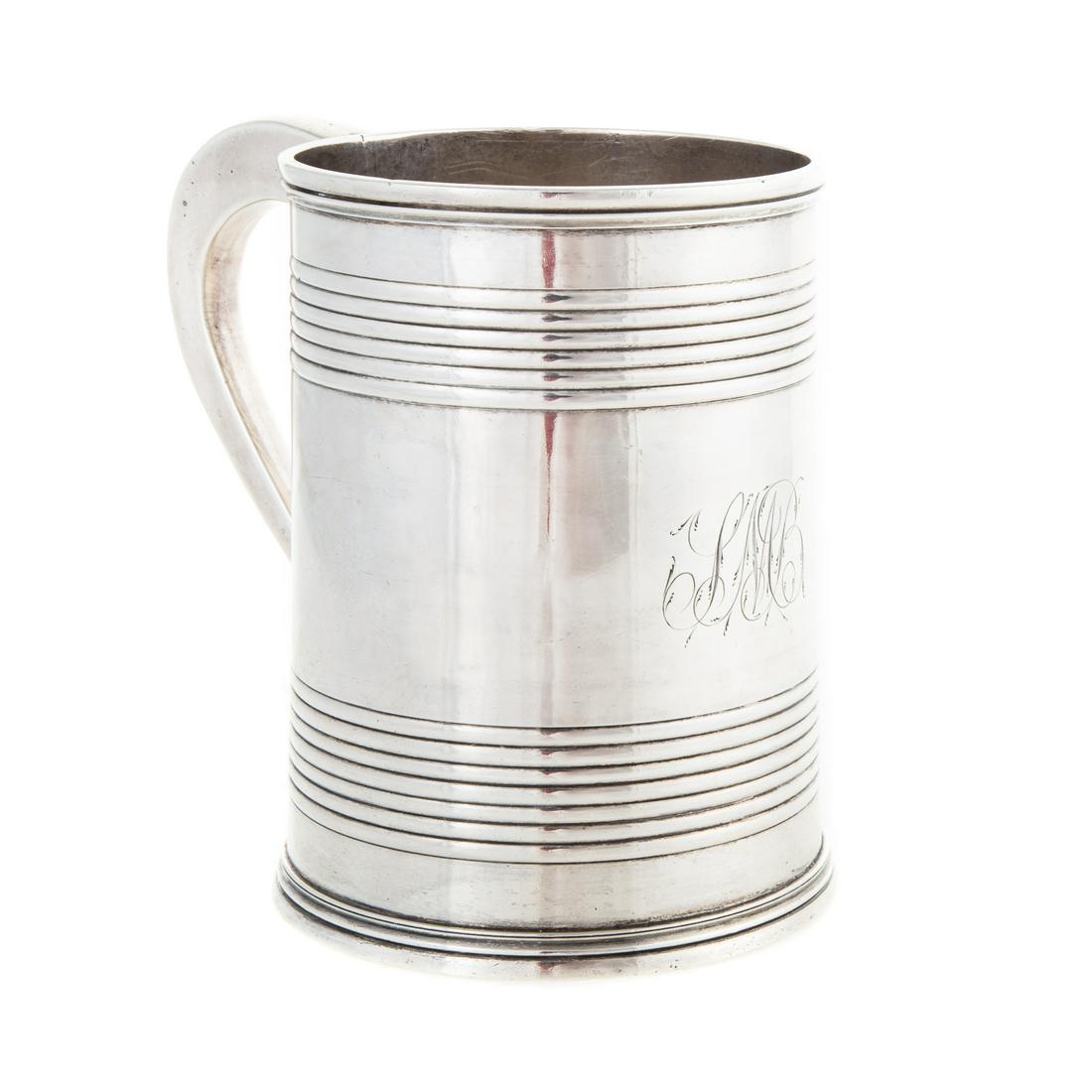 Early American Coin Silver Large Cann: Mark of Amable Brasier, Philadelphia, 1795-1820, classical tapering cylindrical form with reeded bands, 5 in. H., 16.30 ozt.From a private Baltimore collection.