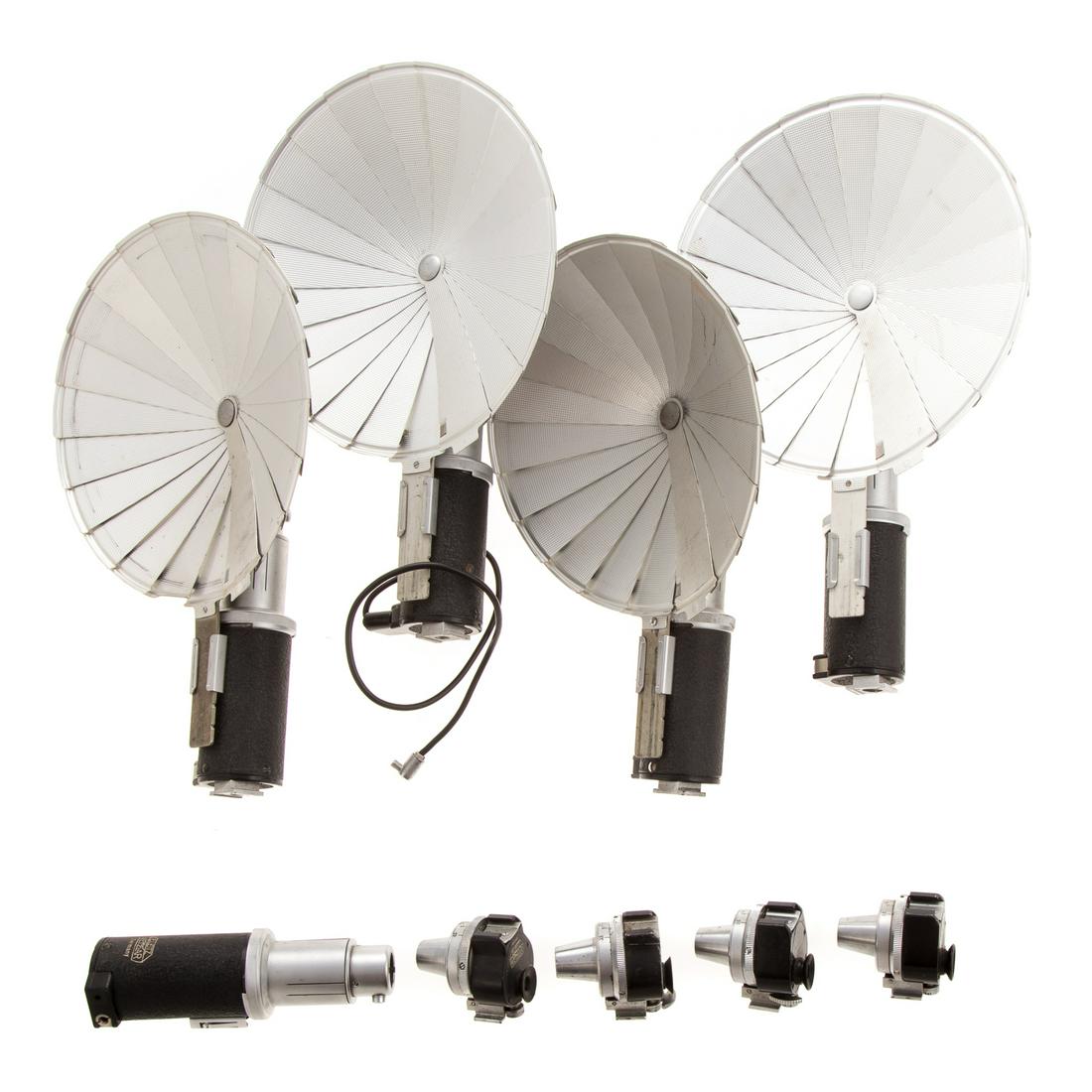 4 Leica View Finders & 4 Fan Flashes: four Leica universal external view finders, two with serial #s 29431 and 96723 and four Leica aluminum fan flashes with handles and one extra handle
