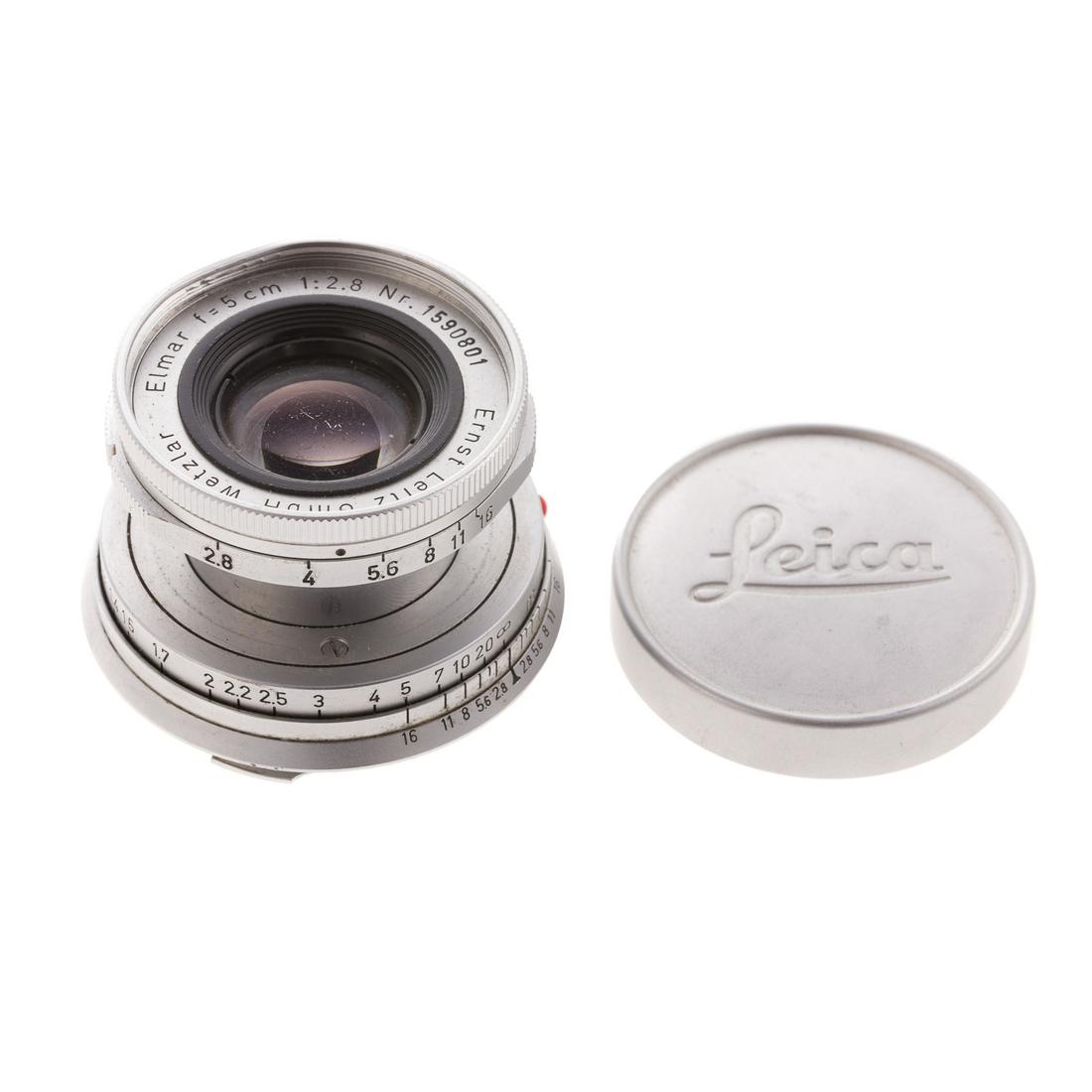 Leica Elmar Lens: dated 1958; 1:2.8, serial # Nr. 159081, with stamped aluminum Leica lens cover