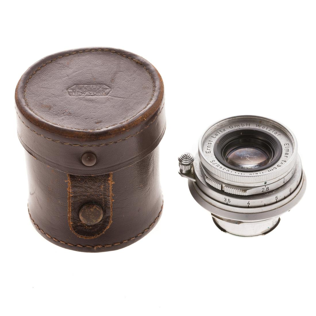 Leica Elmar Lens: dated 1958; 1:2.8, serial # 1634875, with Leitz leather storage case