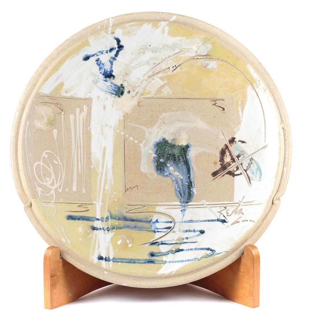 Don Reitz. Abstract Composition: (American, 1929-2014). Ceramic, signed "Reitz" lr, 3 x 23 3/4 in., with handmade wooden stand