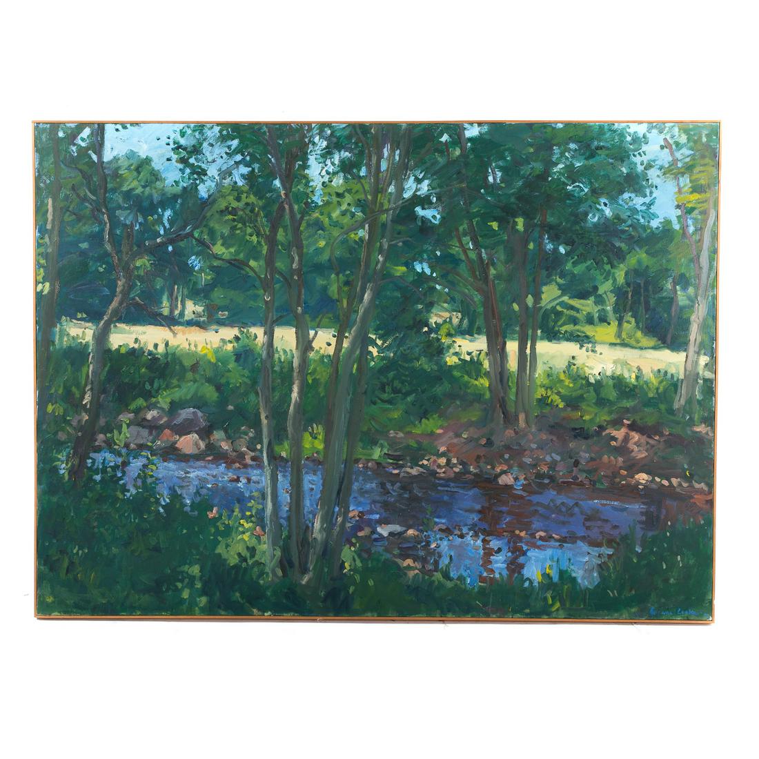 Eugene W. "Bud" Leake. "Summer Stream": (American, 1911-2005). 1979, oil on canvas, signed "Eugene Leake" lr, signed, titled and dated on verso, 48 x 66 in., framedEx collection: Judge Alex Harvey, Monkton, MD