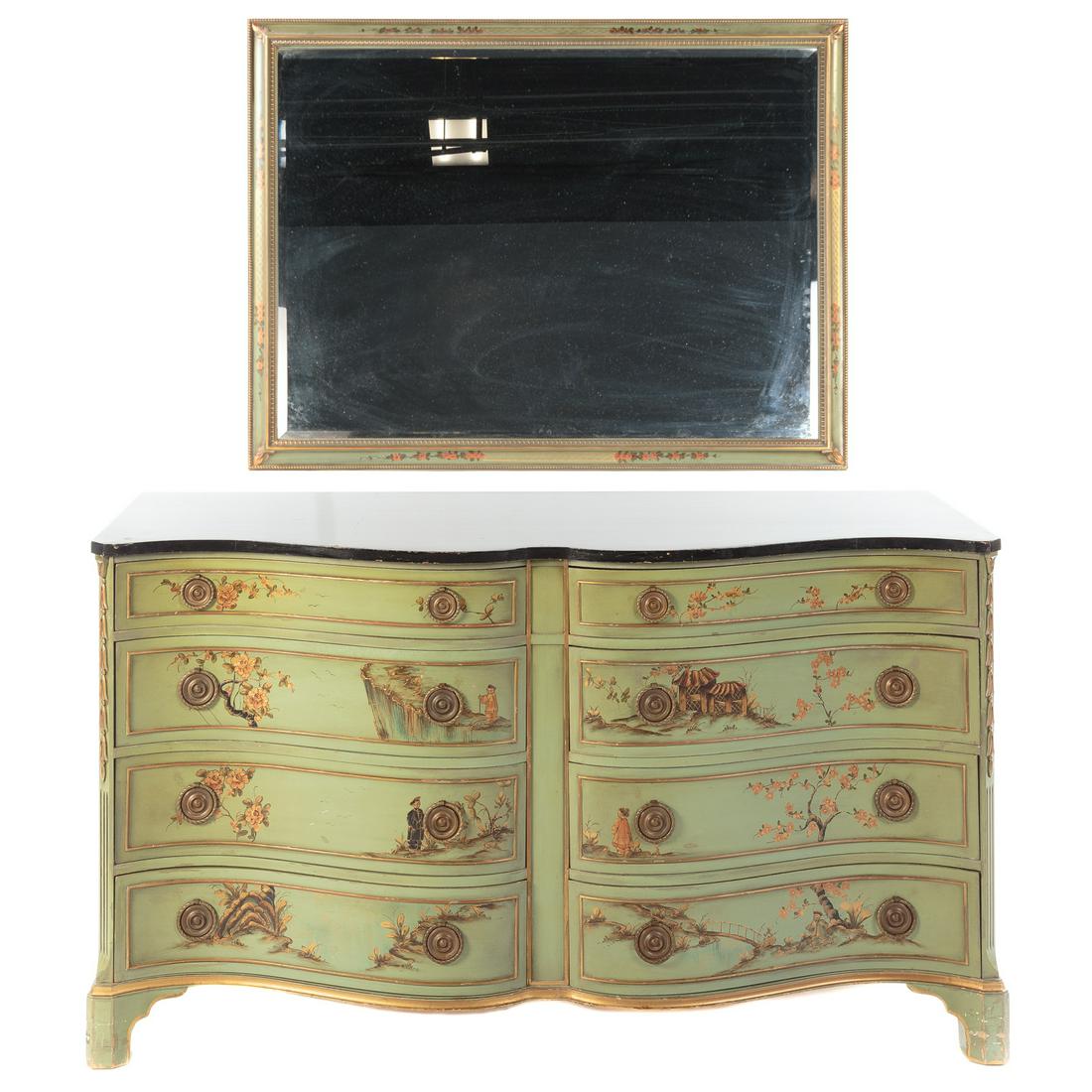 George III Style Chinoiserie Low Chest & Mirror: Union National, Inc., James Town N.Y., ca. 1940; shaped ebonized top on conforming serpentine front on bracket feet with all over green paint and floral & figure motif; 34 in. H., 60 in. W., 22 in. D.
