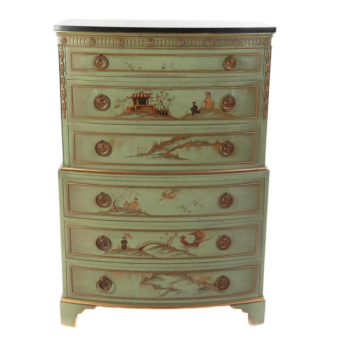 George III Style Chinoiserie Chest on Chest: Union Nation, Jamestown, N.Y., ca. 1940; ebonized bow front top on conforming body, upper case with three long drawers, lower case with gilt waist molding, and three long drawers on bracket feet, all 