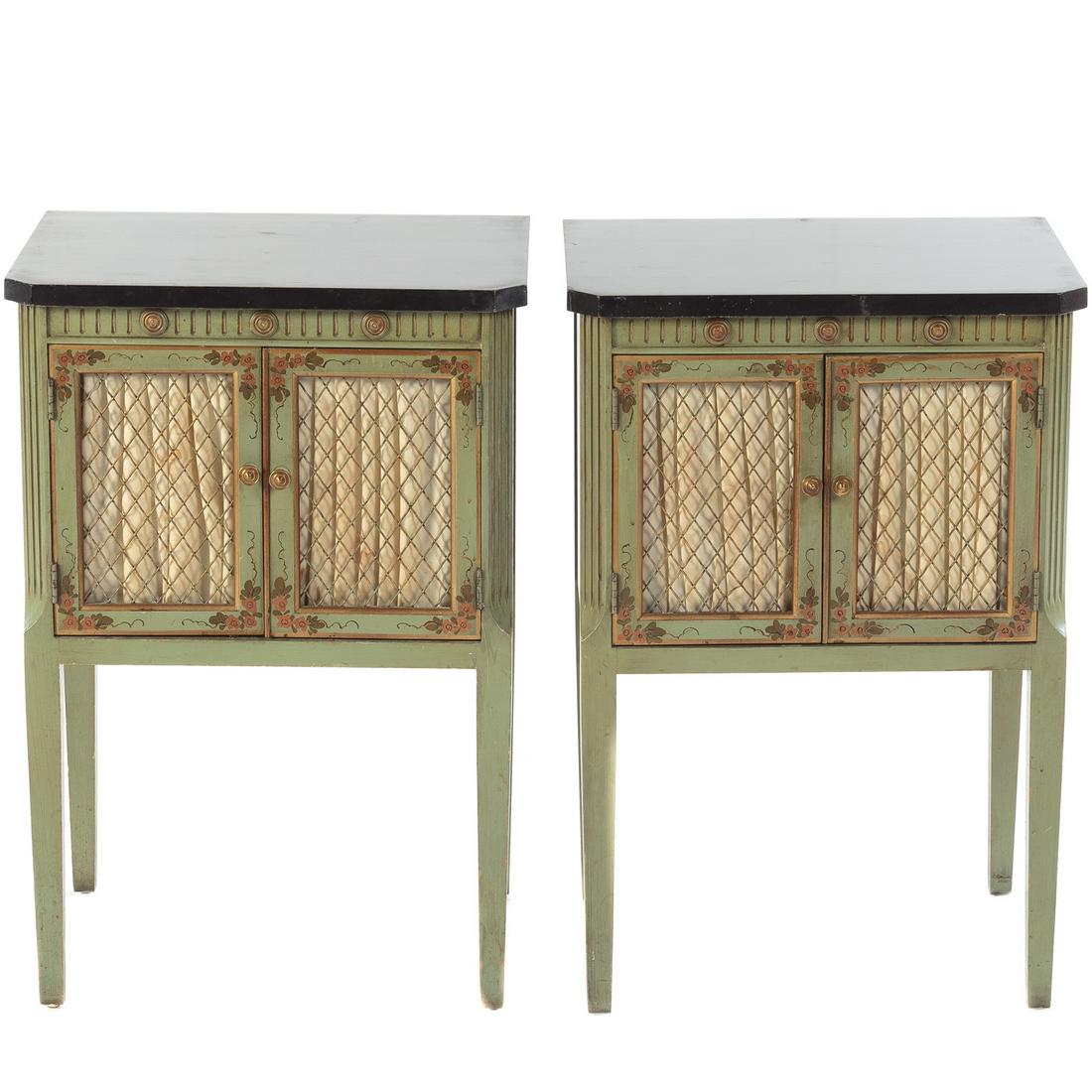 Pair George III Style Chinoiserie Night Stands: Union National, Jamestown, N.Y., ca. 1940; ebonized rectangular top over double paneled doors enclosing cabinet compartment resting on straight legs; 27 1/2 in. H., 19 in. 14 1/2 in. D.