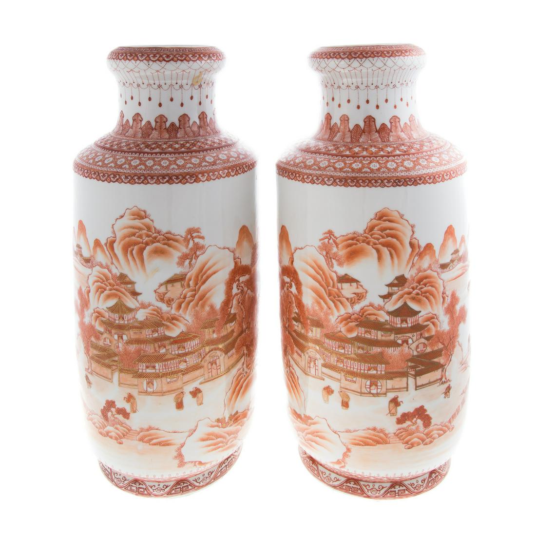 Pair Chinese Sepia Porcelain Vases: decorated with mountainous river scenes, with gilt accents, 18 in. H., with brass lamp elements and harps
