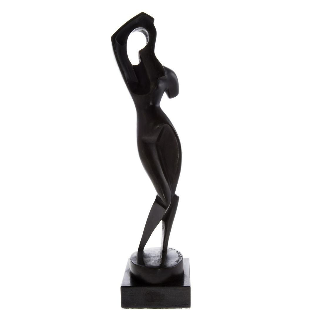 Alexander Archipenko, Abstract Female Form,Bronze: quality reproduction, of "Woman Combing Her Hair" cubist bronze sculpture, signed and dated, mounted on marble base, 14 1/2 in. H.