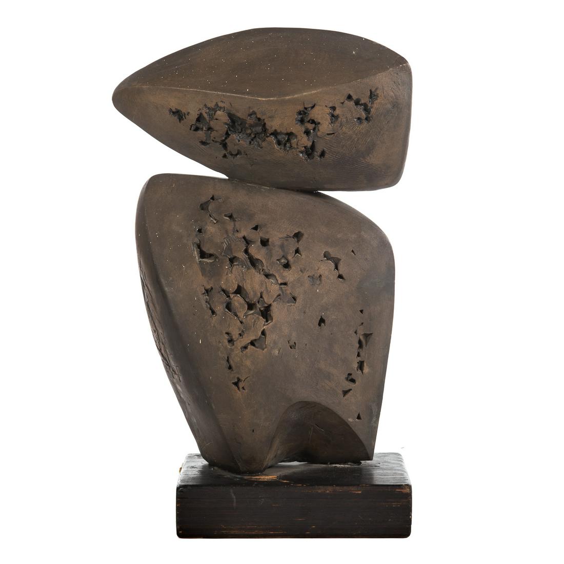 Bartolini, Abstract Ceramic Sculpture: dated 1966; ceramic abstract sculpture with bronze patina, signed "Bartolini N.Y. 66," 25 in. H., mounted on ebonized wood base