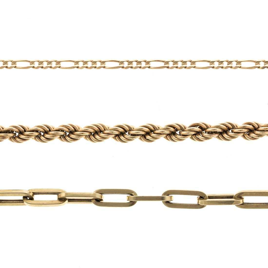 A Pair of Chain Bracelets & Anklet Gold: 1) 14K yellow gold rope chain bracelet with hidden box clasp and figure 8 safety, 8 in. L, 2) 14K yellow gold elongated oval link bracelet made in Italy, hidden box clasp and figure 8 safety, 8 in. L