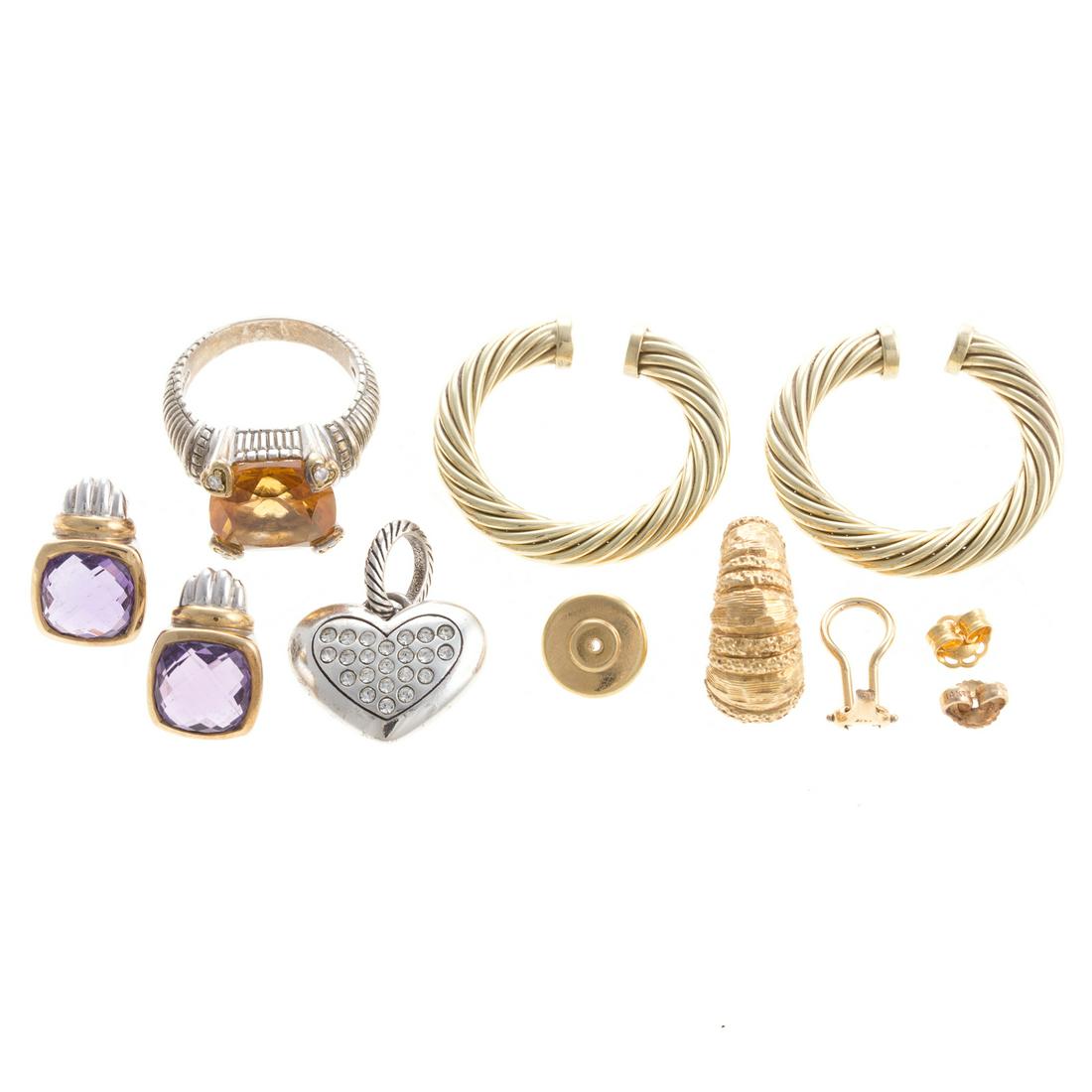 A Collection of Ladies Silver and Gold Jewelry: 1) pair of 14K yellow gold cable link hoop earrings, missing posts, 1.25 in. W, 2) 1/2 pair of 14K half hoop, 2 earring backs, 1 Omega clip back, 3) sterling and 18K ring featuring a cushion cut citri