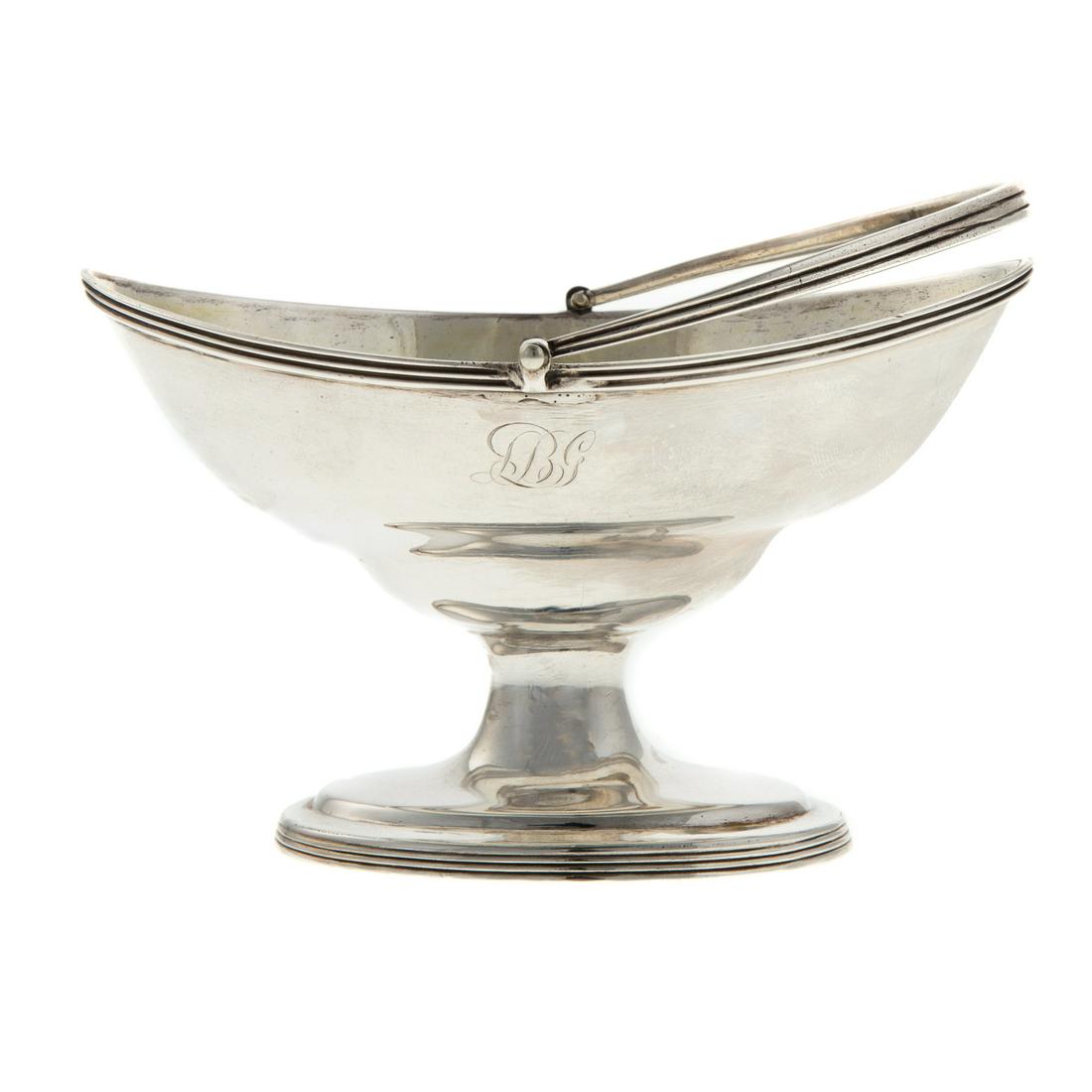 George III Peter & Ann Bateman Silver Basket: London, 1795, navette double bellied form on an oval pedestal base, 4 1/2 in. H. over handle, 2.65 ozt.