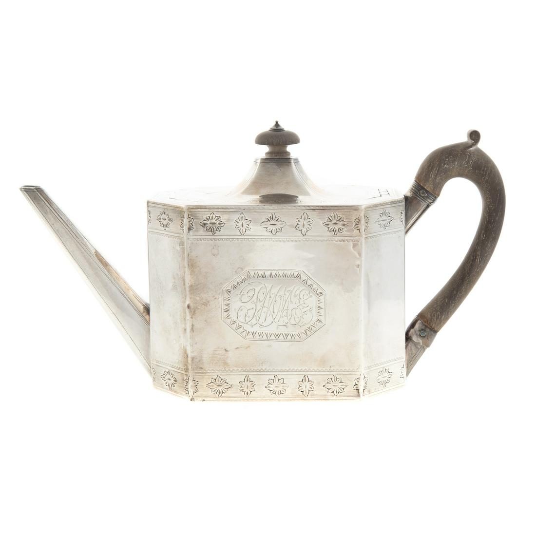 George III Silver Tea Pot: HC, 1809, London, shaped geometric with foliate borders, each side with monogram "PMME" treen handle and filial on hinged cover, 5.75 in. H, 14.95 ozt. total weight