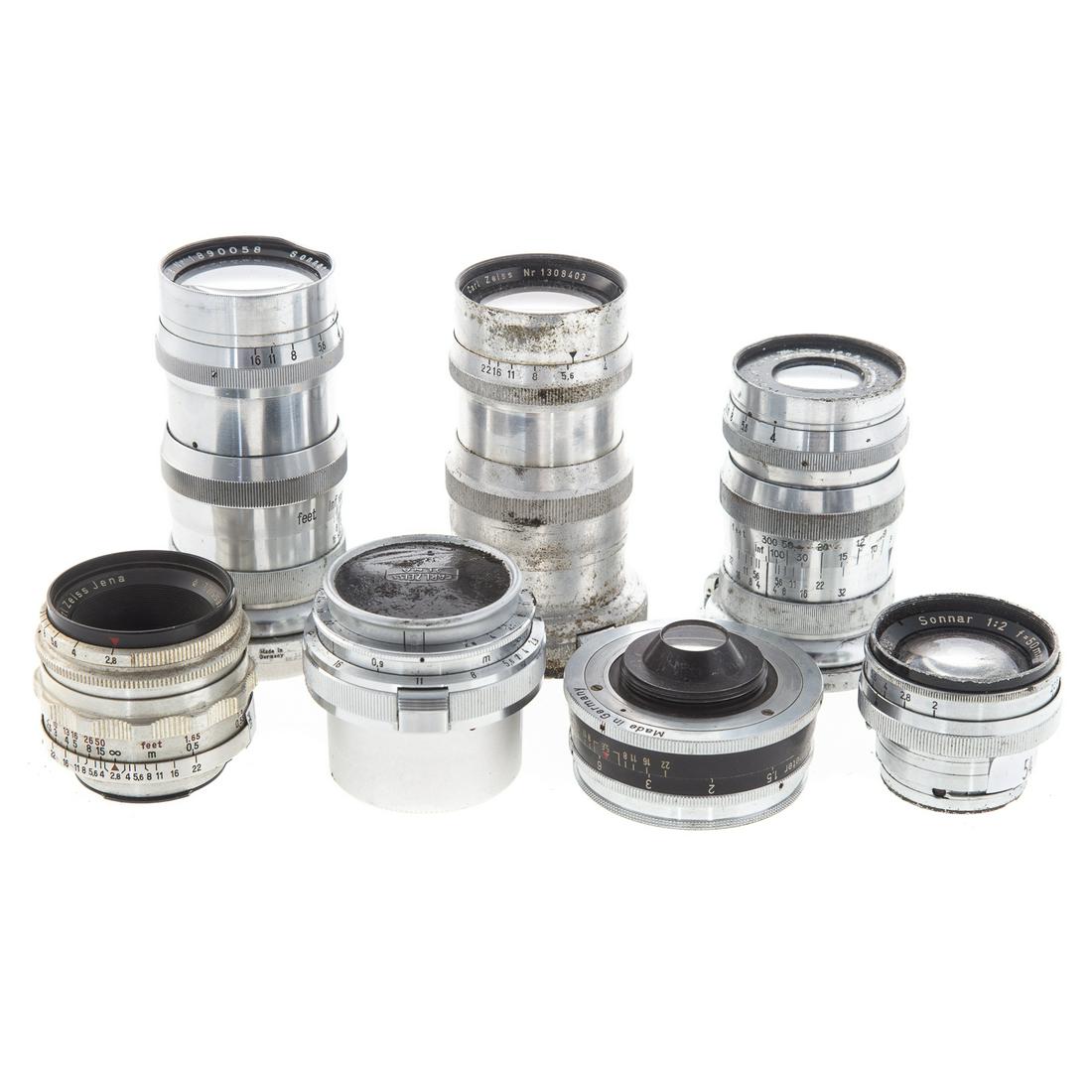 Seven Zeiss Ikon Lenses: includes: Tessar 2.8/50 lens, serial # 3638486, Teleskop 1.7 x Stuttgart, serial # 1615293, Sonnar 1:4 serial # 1890058, Sonnar 1:4 serial # 1308403, lens serial # Nr 2078193, Sonnar 1:2 serial # Nr 5