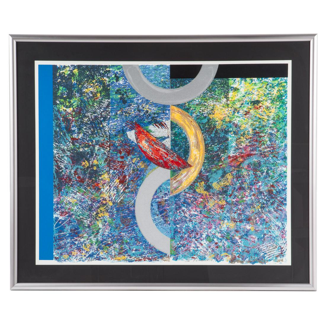 Sam Gilliam. "In Celebration": (American, b. 1933). Serigraph on wove paper, 1987, ed. 12/150, titled lc, signed and dated lr, 30 3/4 x 38 1/4 in., framed