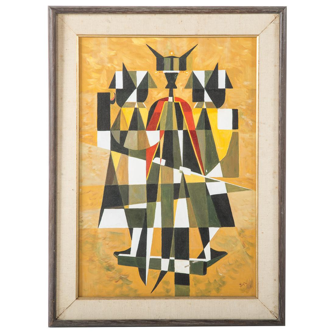 Lefty Egan. Cubist Warriors: (American, 20th century). Oil on canvas, 1963, signed lr, sight size: 25 ¼ x 17 ¼ in., framedPainted by artist while incarcerated at the United States Penitentiary, Leavenworth, Leavenworth, KS. Pri