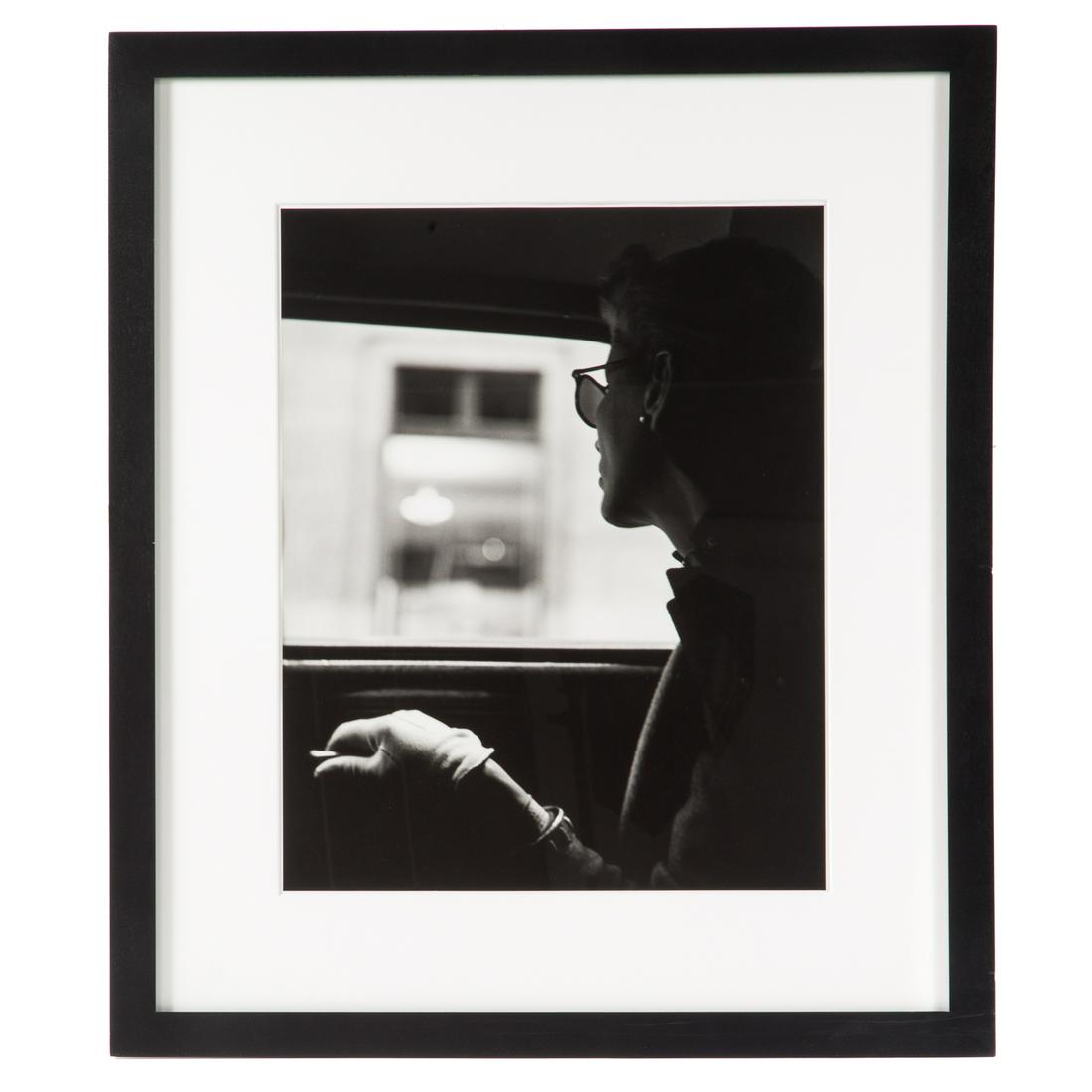 Fernand Fonssagrives. "Taxi Cab, Lisa...": (French/American, 1910-2003). "Taxi Cab, Lisa Fonssagrives," gelatin silver print, sight size: 18 3/4 x 15 in., framedBonni Benrubi Gallery Inc., New York, NY label on verso, receipt on verso