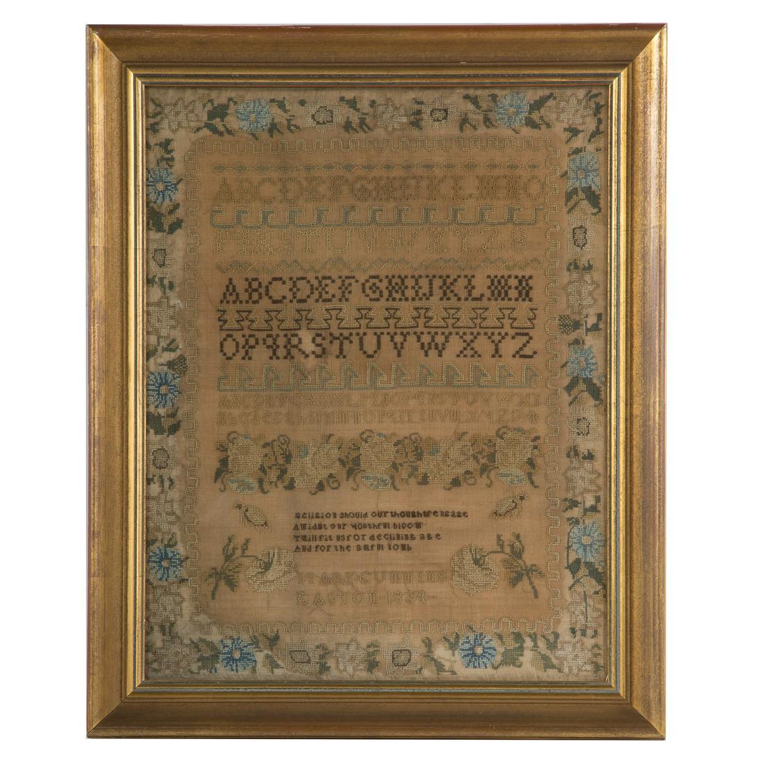 19th century American Needlework Sampler: Worked by Mary Cummins, dated Easton 1834, floral border, flower and beetle motif, 21 x 16 in., framed