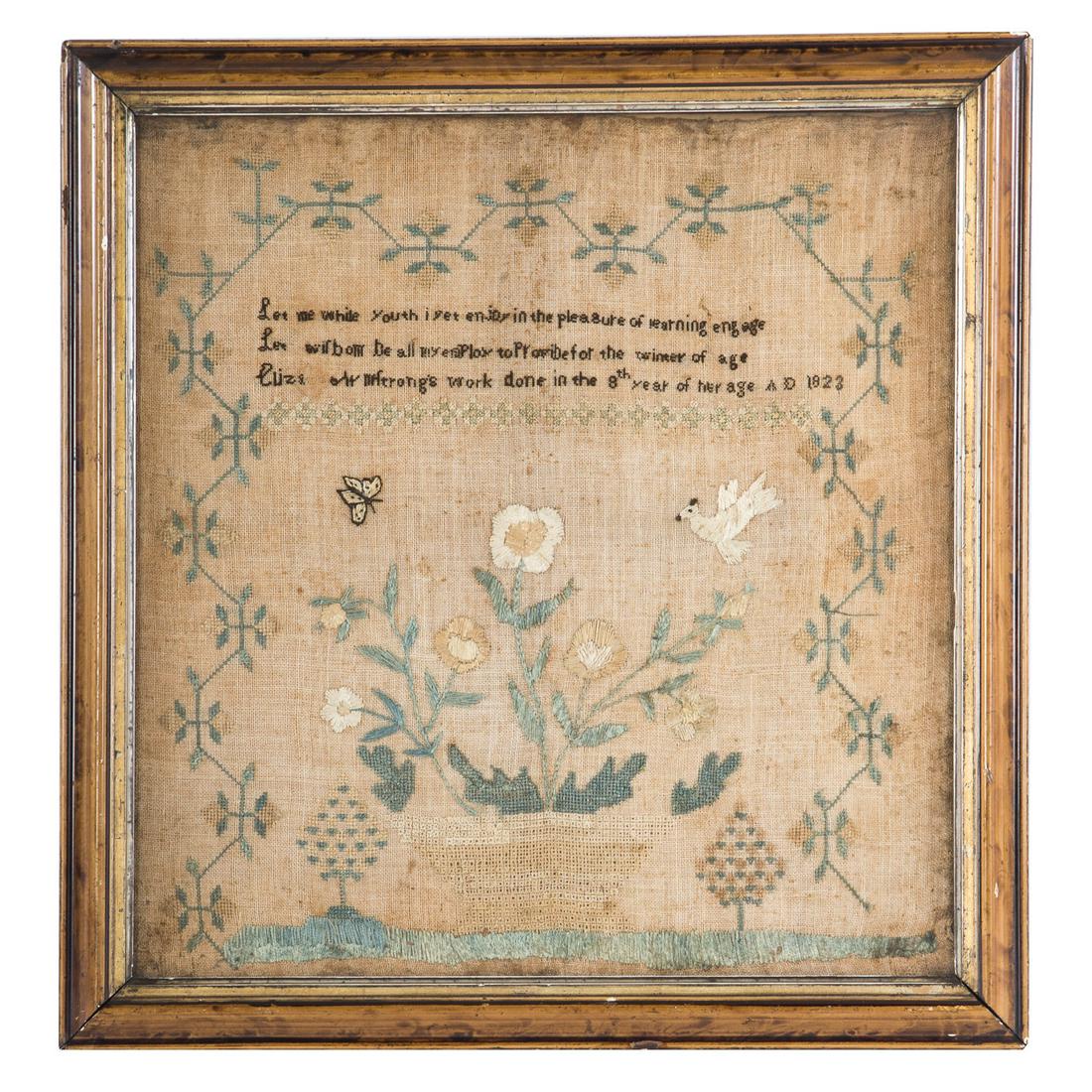 19th century American Needlework Sampler: Worked by Eliza Armstrong, dated 1823, bird, flower and tree motif, 17 1/2 x 16 1/2 in., framed