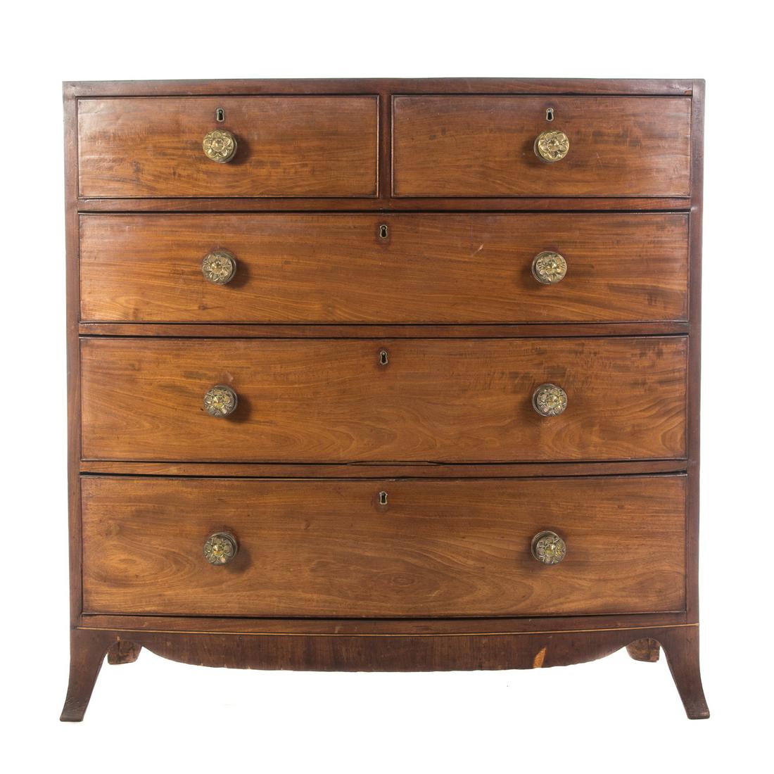 George III Mahogany Bowfront Chest of Drawers: Late 18th/early 19th century, bowed front with two short drawers and three long drawers, splayed bracket feet; 42 in. H., 42 in. W., 20 1/2 in. D.