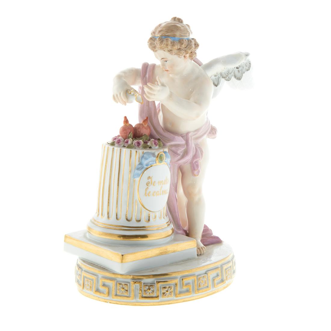 Meissen Porcelain Cupid "Je Mets Le Calme": late 19th century; underglaze blue crossed swords mark, incised/impressed "G29/131" marks. Modeled as a cupid standing over two hearts on a column, a pitcher in his hand, on an oval base with gilt Gre