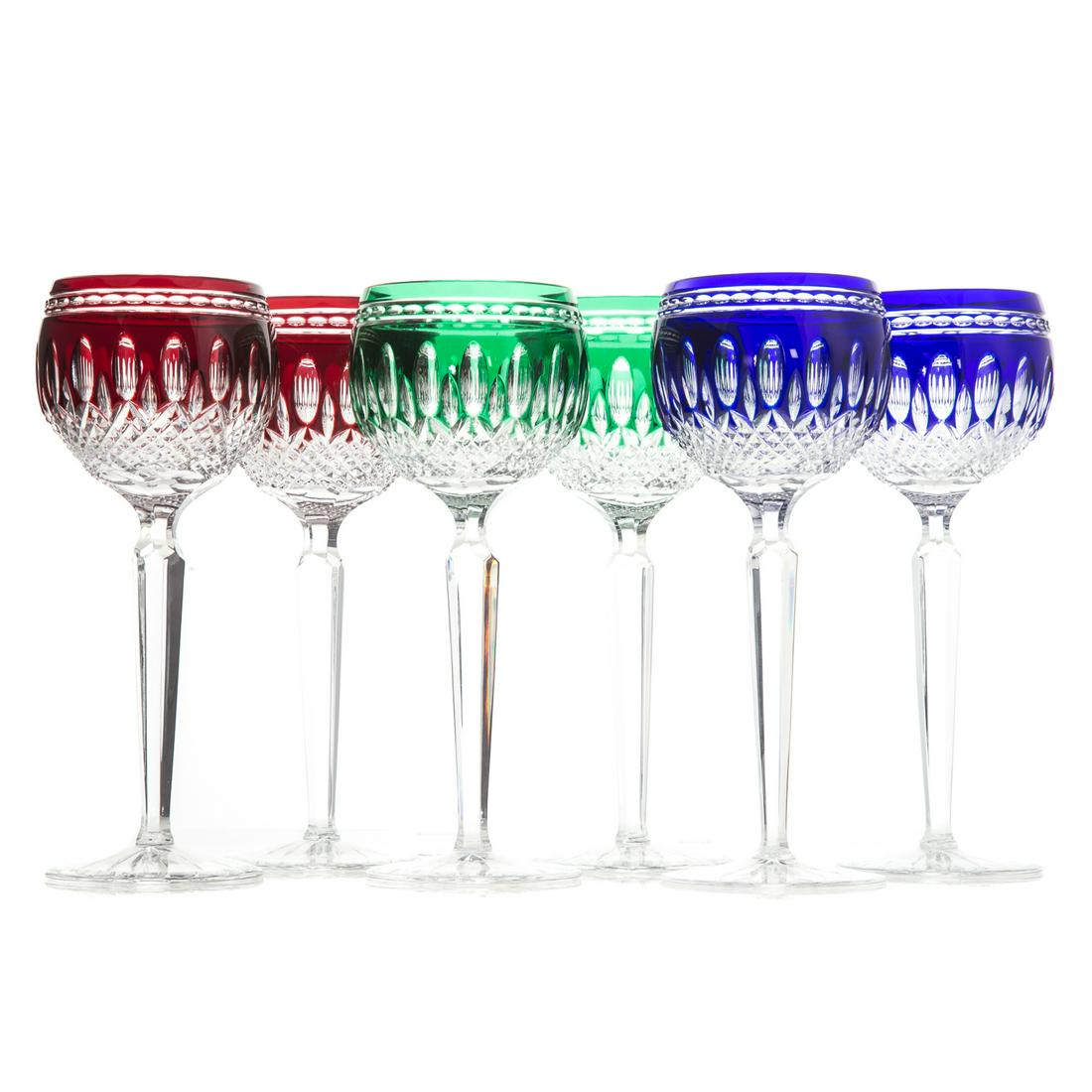 Six Waterford Clarendon Wine Hocks: includes: 2 cobalt, 2 ruby and 2 emerald, 8 in. H.