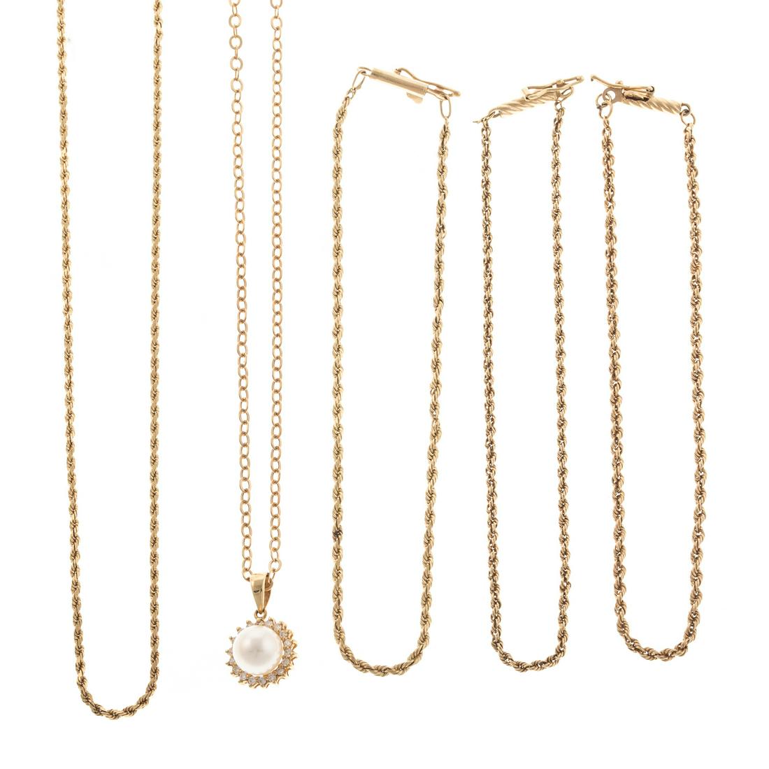 A Collection of 14K Rope Chains and Pearl Pendant: 1) 14K yellow gold rope chain necklace, barrel clasp with safety latch, 18 in. L, 2) Three (3) 14K yellow gold rope chain bracelets, 7 in. L, and 3) 14K yellow gold pearl and diamond halo pendant, 17