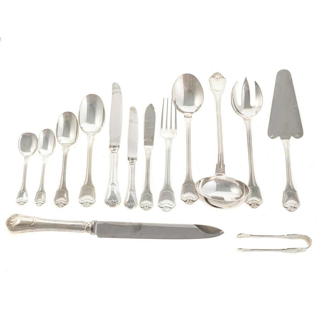 Christofle Silver Plate "Port Royal" Flatware Set: service for 12 including dinner knives, dinner forks, teaspoons, demitasse spoons, ice cream spoons, fish knives, fruit knives, soup spoons and 12 assorted serving pieces, 108 total pieces, within pre
