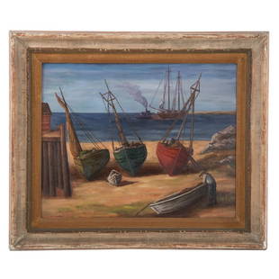 Paul Meltsner. Fishing Boats in Repair on a Beach: Paul Raphael Meltsner (American, 1905-1966). Oil on board, signed "Paul Meltsner" ll, 24 x 30 in., framed