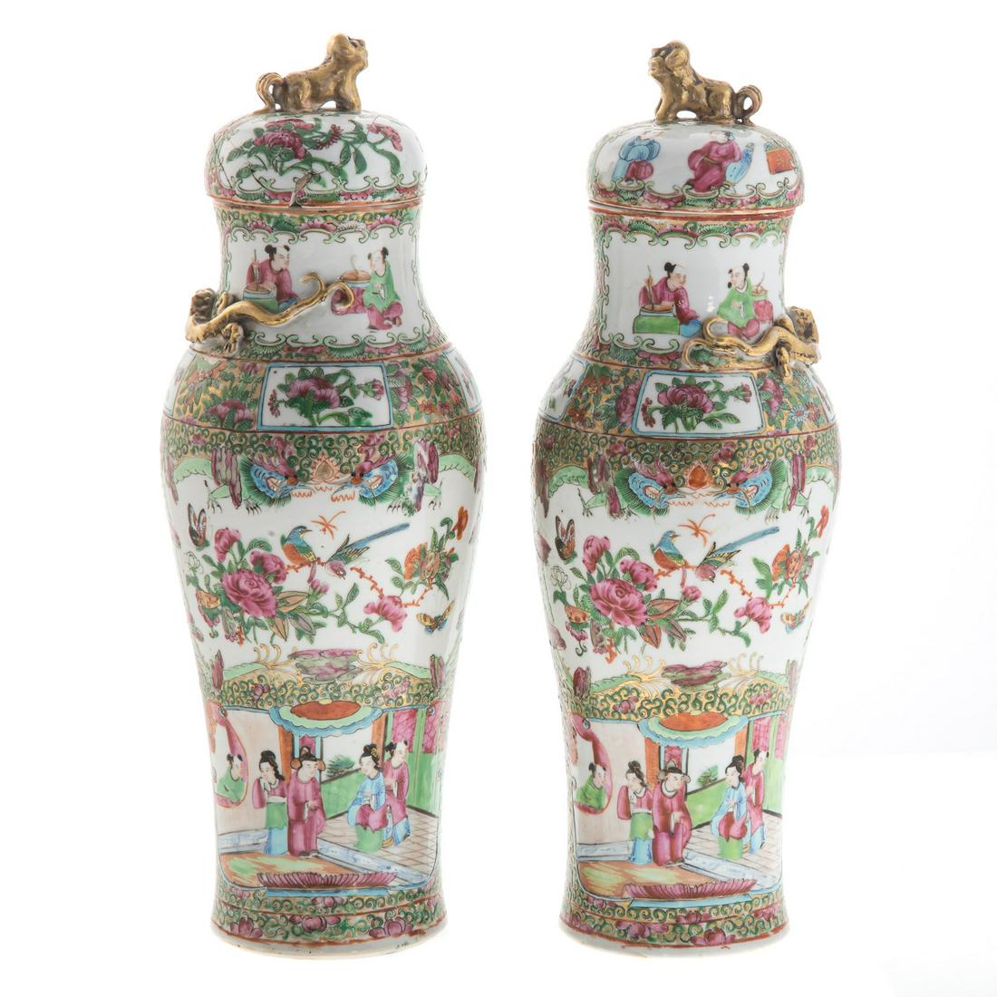 Pair of Chinese Export Rose Medallion Lidded Vases (1 of 9)