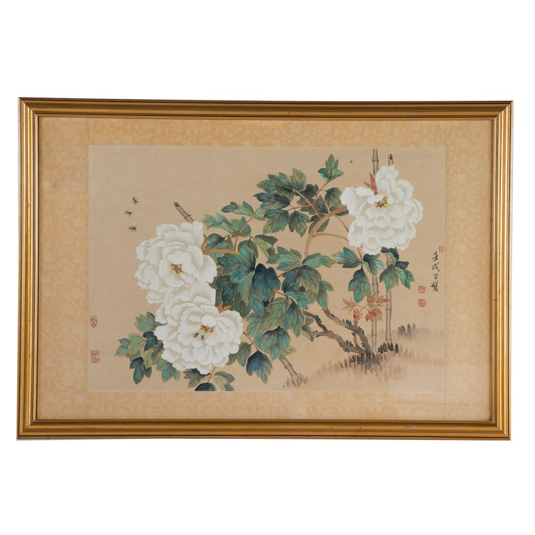 Chinese School 20th Century Gouache: Peonies with honey bees, colored pigment on rice paper, with calligraphy and chop marks, 28 x 19 in., in gilt wood frame