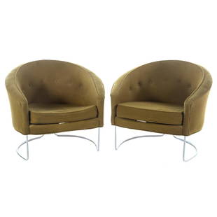 Pair of Mid Century Modern Upholstered Tub Chairs: Richardson Nemschoff Chairs Inc., 20th century, each with low button upholstered barrel with loose seat cushion and aluminum base; 26 in. H., 15 in. seat H., 30 in. W., 25 in. D.