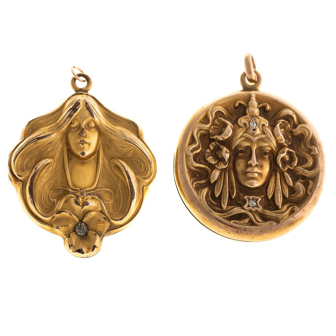 A Pair of Art Nouveau Lockets: 1) gilt Art Nouveau locket hallmarked W&SB with a star which stands for W.S. Blackinton & Company featuring a long haired woman and flower, 1.5 in. L and 2) round Art Nouveau locket featuring a woman,