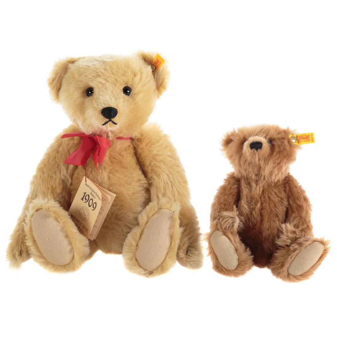 Two Steiff Mohair Jointed Teddy Bears: Brand new, 1909 replica teddy bear, 16 in. H. and small brown bear, 10 in. H.
