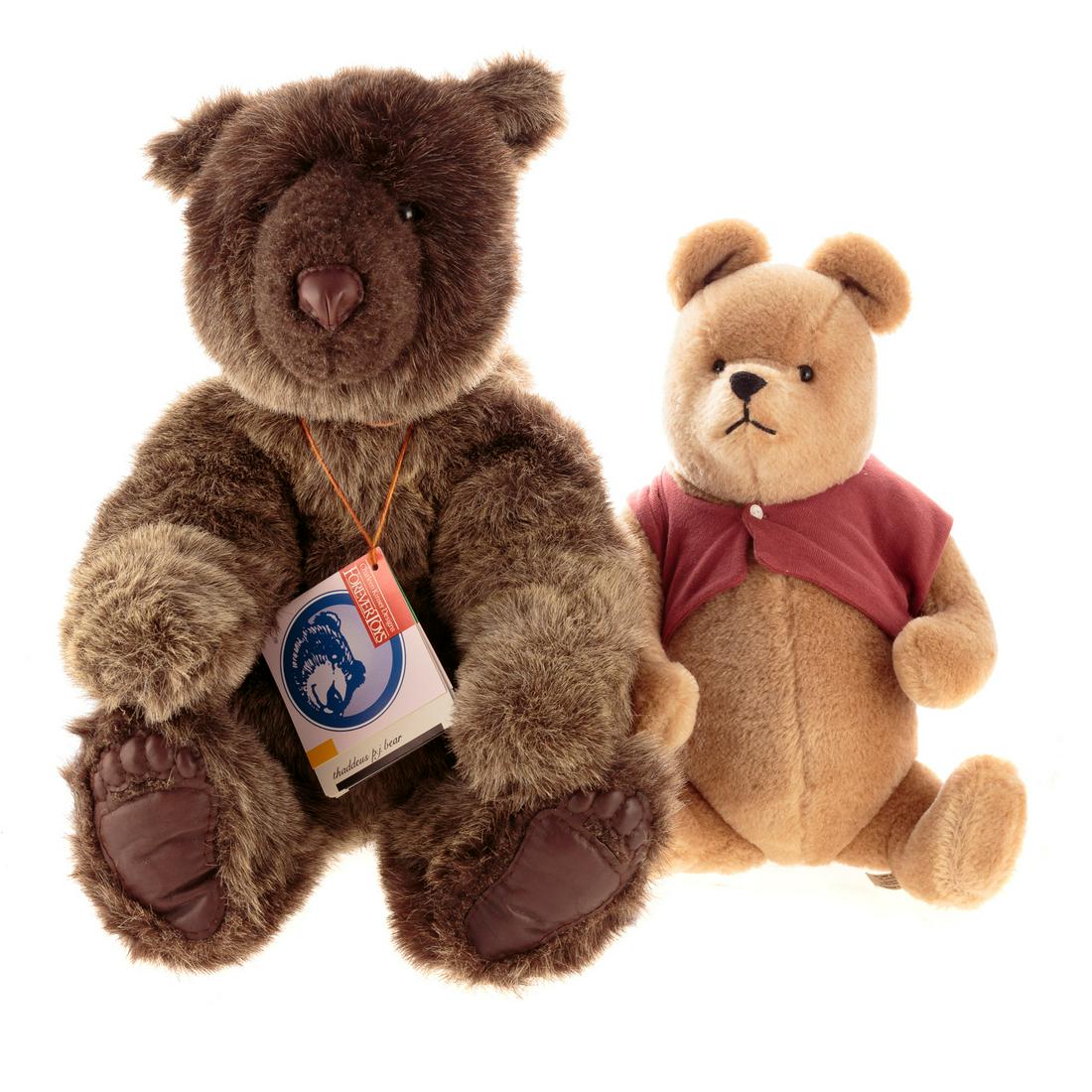 Two Classic Style Designer Teddy Bears: R. John Wright Winnie-the Pooh bear, 19 in. H. and Charleen Kinser Designs, Thaddeus P.J. Bear, brown fur bear with leather paw pads, 24 in. H.
