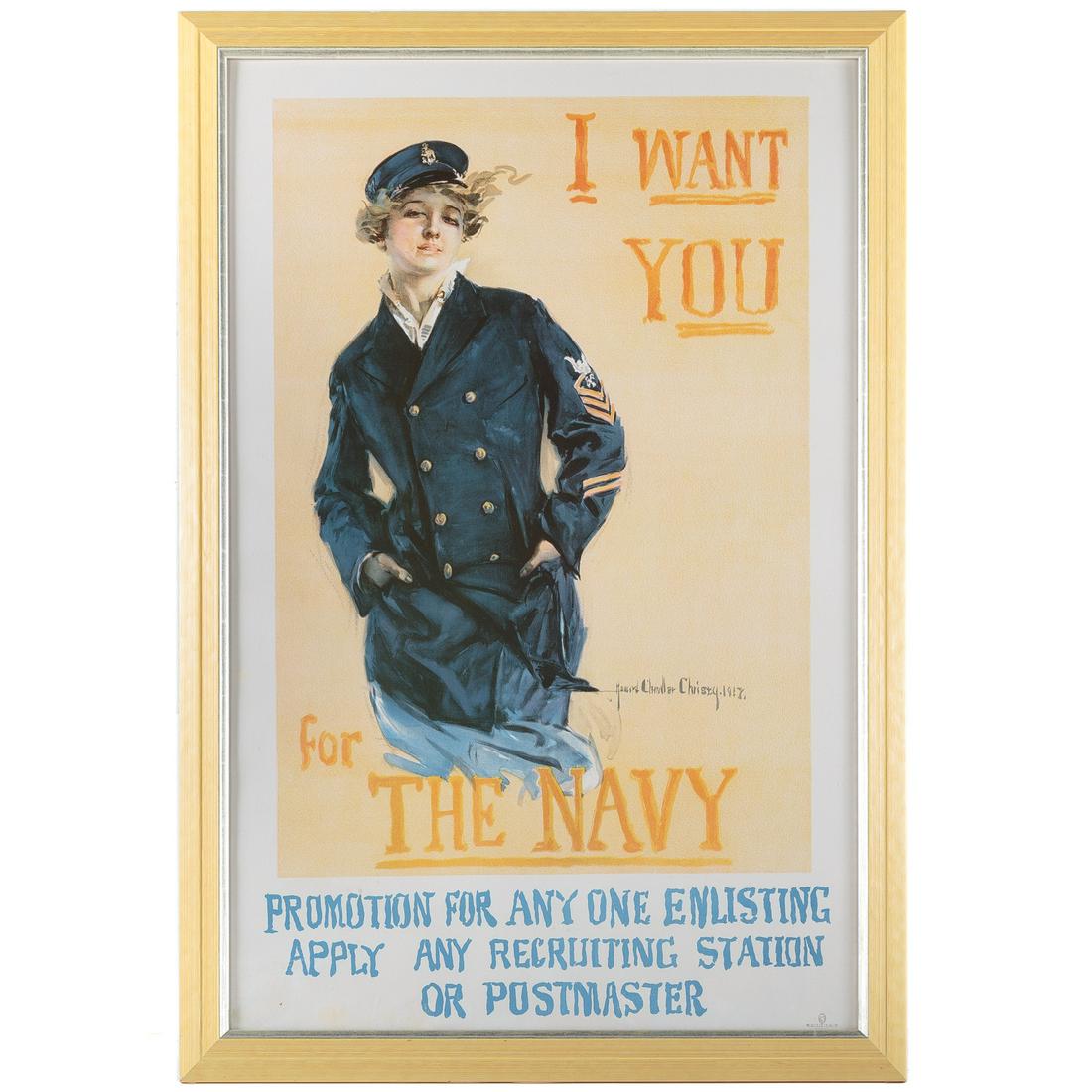 Howard Christy. "I Want You for the Navy": Howard Chandler Christy (American, 1872-1952). Offset lithograph in color, signed in plate rc, Forbes Boston mark, lr, sight size: 40 3/4 x 26 1/2 in., framed