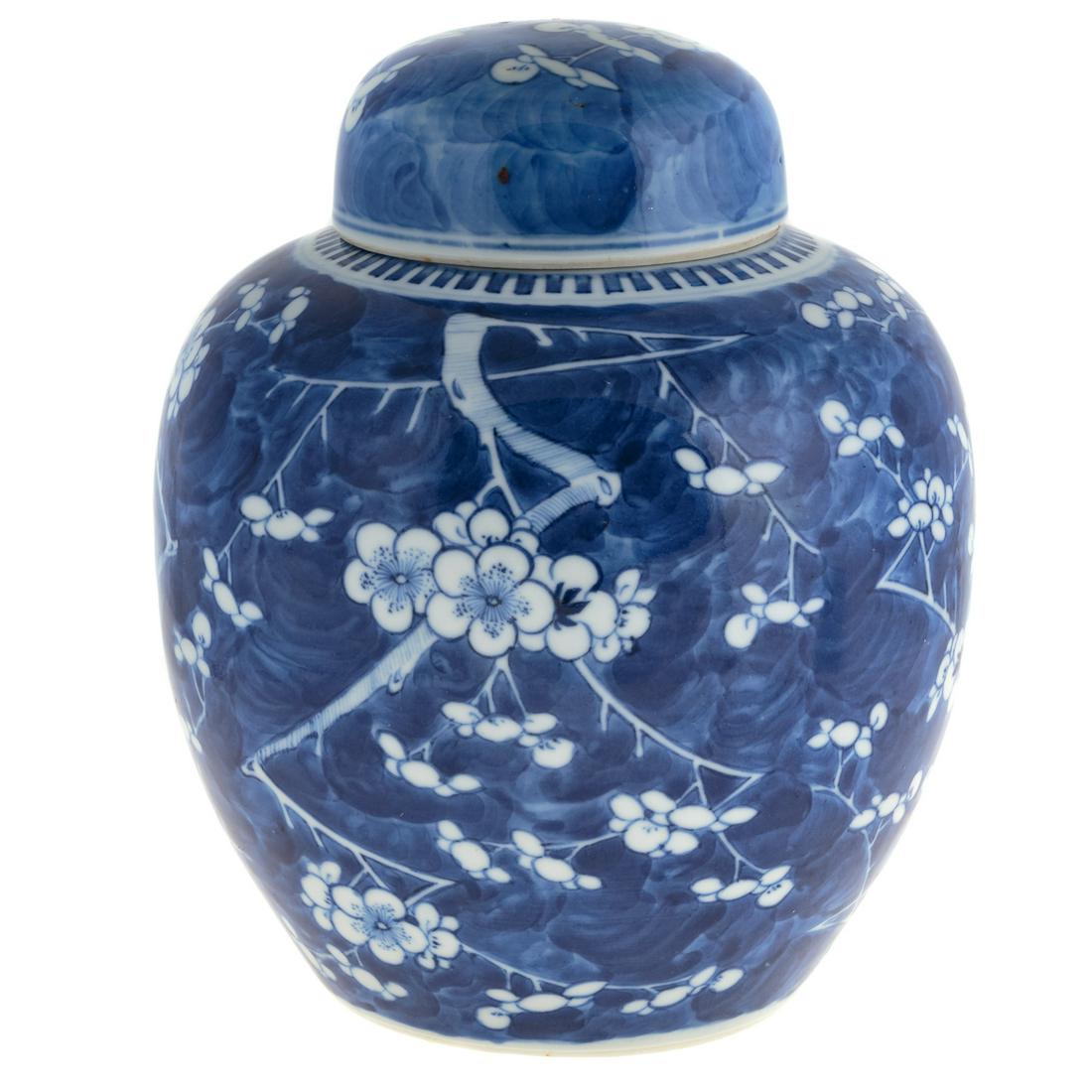 Chinese Export, Hawthorne Ginger Jar: Blue and white prunus and cracked ice decoration. underglaze blue character mark, 9 in. H.