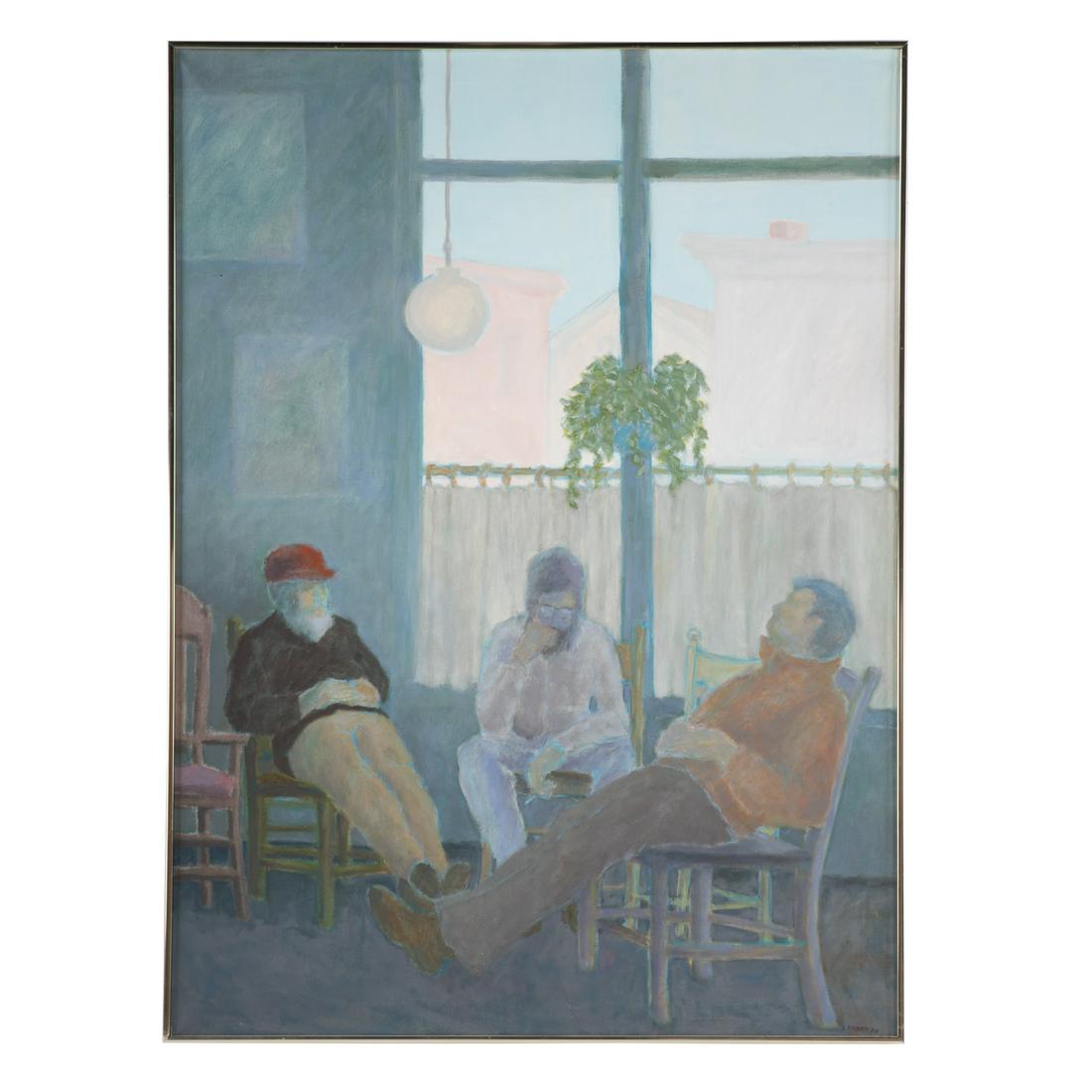 Shirley Aleman-Carson. Men Lounging On The Porch: (American, b. 1936) Oil on canvas, signed and dated "S. Aleman '88" lr, sight size: 45 1/4 x 33 1/2 in., framed From a private collection in Baltimore.