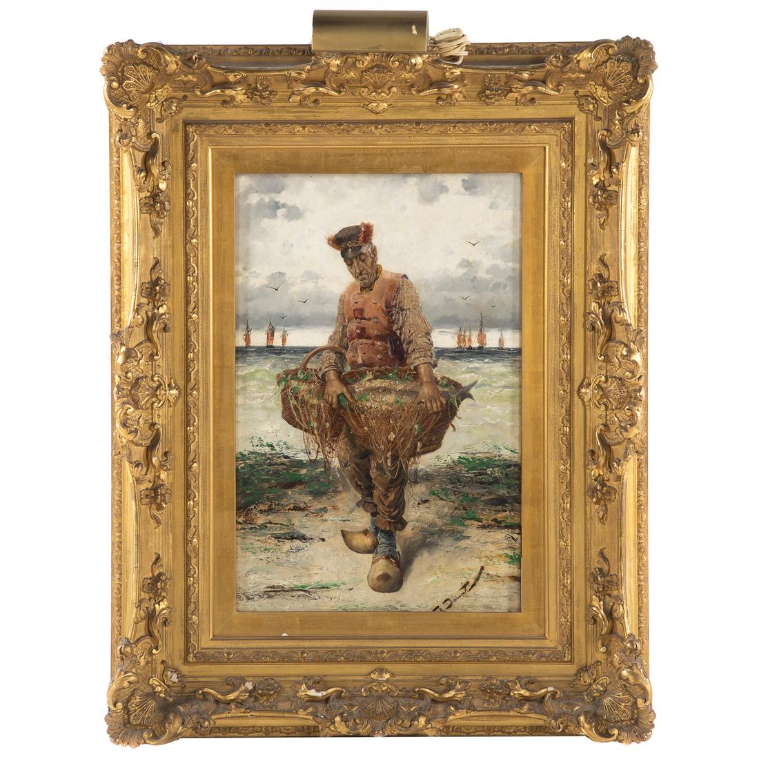 Frederick Reginald Donat. Breton Fisherman: (Belgian, 1830-1907). Oil on panel, signed "Fr. Donat" lr, 22 x 14 1/4 in., framed
