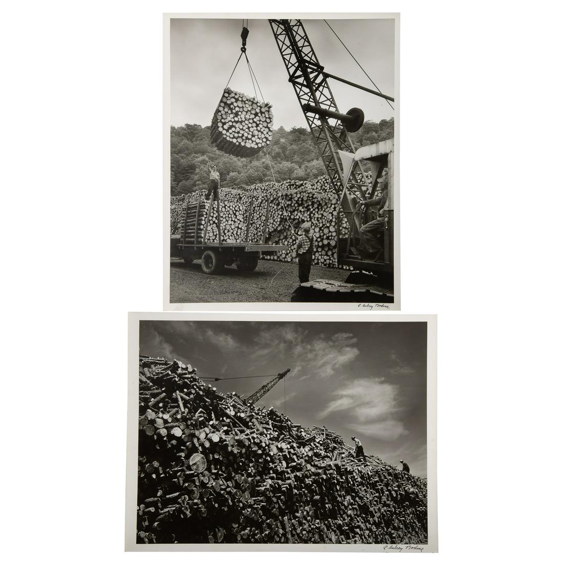 A. Aubrey Bodine. "Luke Mills Lumber Camp": (American, 1906-1970). 1952, two gelatin silver prints, each signed "A. Aubrey Bodine" lr, photographer stamps on verso, 14 x 11 in.