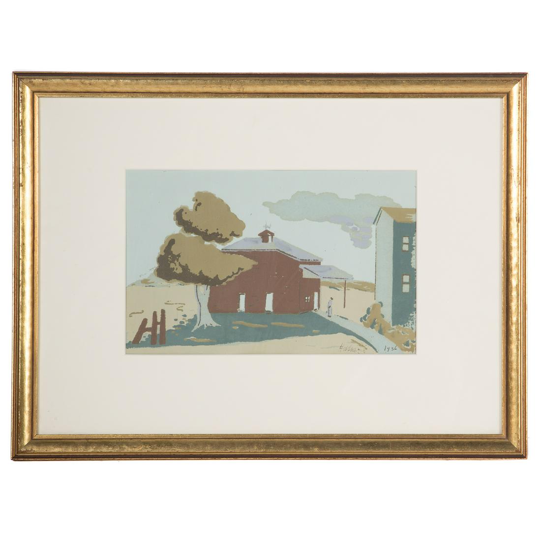Herman Maril. Buildings With Figure: (American, 1908-1986). Sceenprint, signed and dated "H. Maril, 1936" lr, sight size: 7 1/4 x 11 1/2 in., framed.