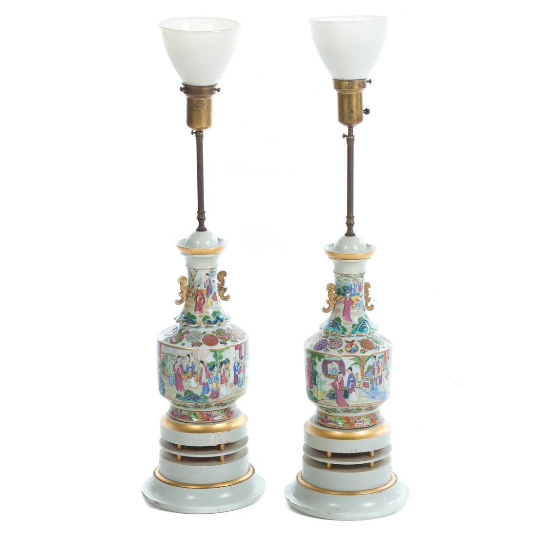 Pair of Chinese Export Rose Mandarin Vase Lamps (1 of 5)
