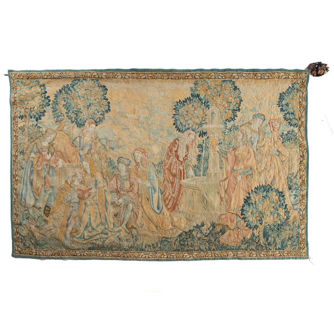 Flemish Manner Woven Tapestry: 19th century; in the 14th century manner depicting gathering in stately garden, 95 x 62 in., with metal hanging pole.
