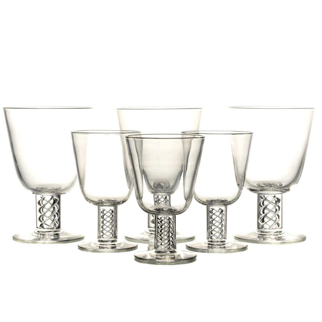 19 Steuben Crystal Air Twist Stems: Includes: nine water goblets, 6 in. H. and ten wine stems, 5 in. H., with original storage boxes and cloth sleeve bags