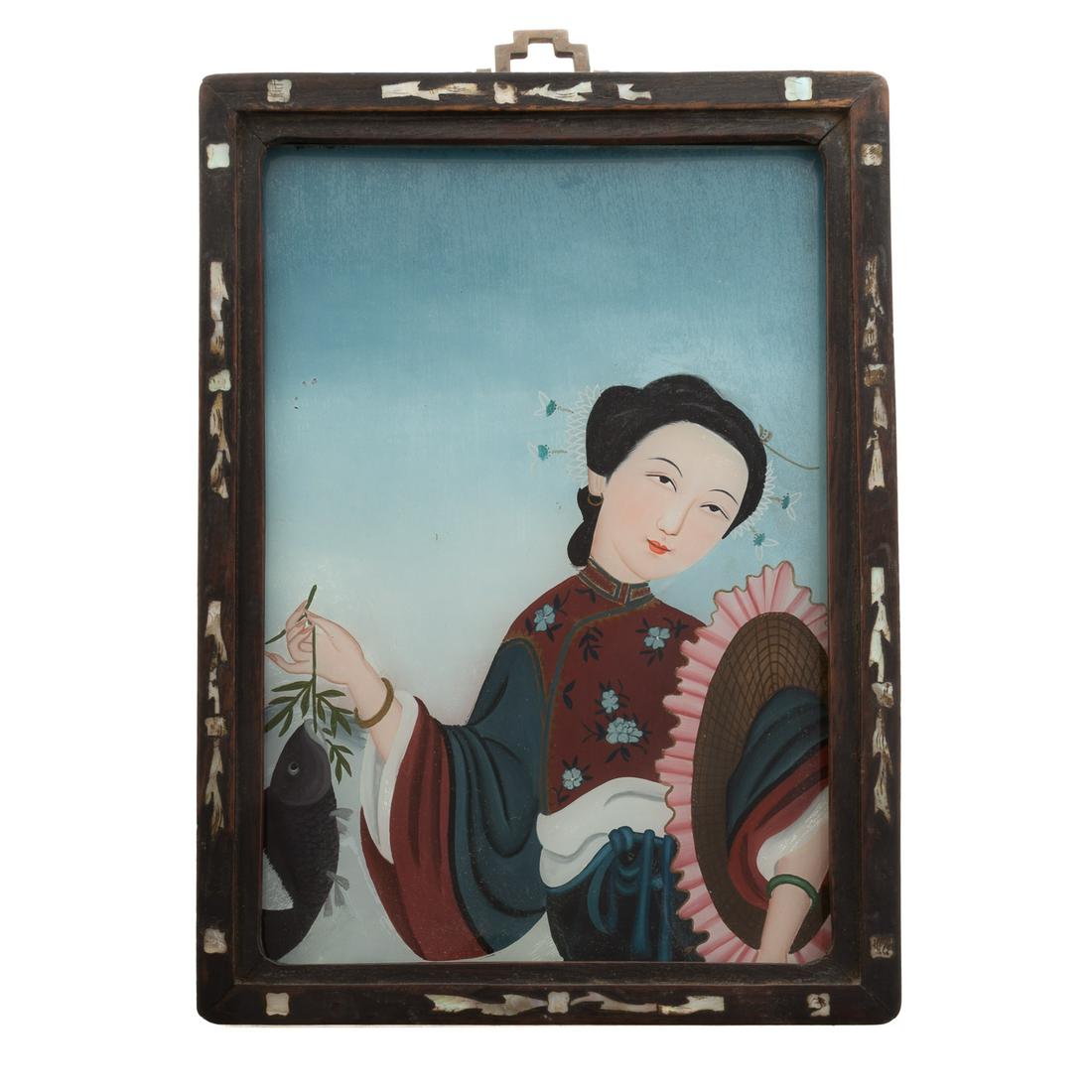 Chinese Reverse Painted Glass Picture Of Maiden (1 of 5)