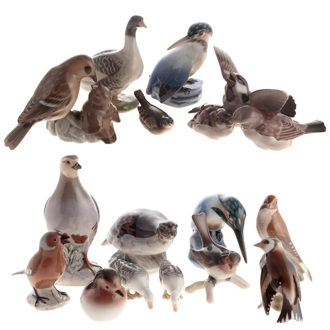 15 Assorted Bing & Grondahl Porcelain Birds: Includes; song birds, king fishers, grouse, waterfowl and others, tallest, 7 in.
