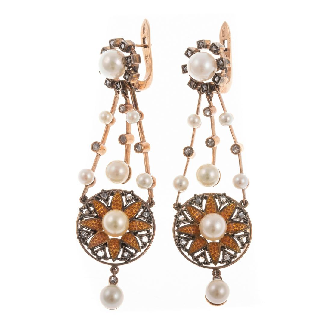 A Pair of Antique Pearl & Enamel Dangle Earrings: Italian antique 14K yellow gold silver topped earrings featuring rose cut diamonds, cultured pearls, guilloche peach enamel flower at the bottom, European backs, 2.5 in. L, 19 grams