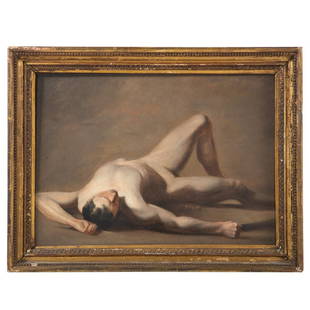 Attributed To William Etty. "Dying Gladiator": (British, 1787-1849). Oil on canvas, unsigned, attribution and title on old label on verso, 16 x 23 in., framed.