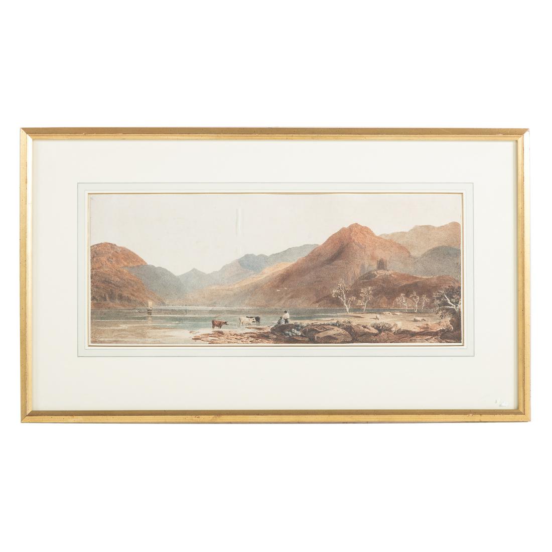 John Varley. "Llanberris Lake At the Foot Of...": "Llanberris Lake at the Foot of Snowdon" (British, 1778-1842). Watercolor on paper, signed and dated "J. Varley 1812" ll, identifying info on verso, sight size: 8 x 19 3/4 in., framed.Property from th